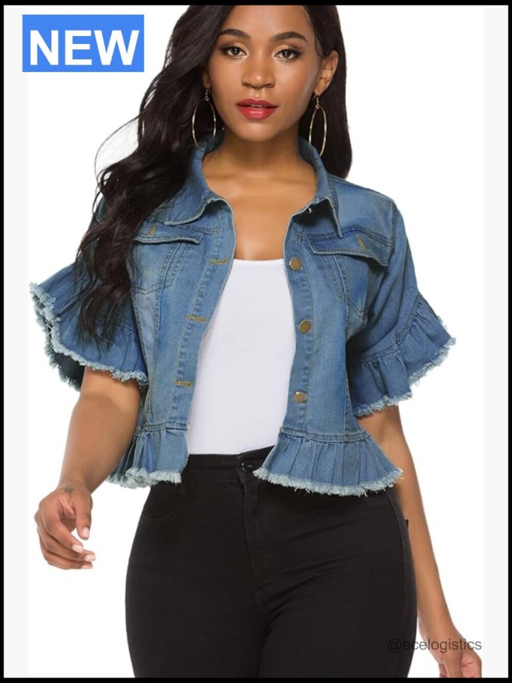 Button Down Distressed Ruffle Sleeve Crop Denim Jacket Coat